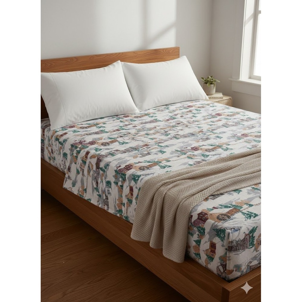 Vintage Franco Full Size Flat & Fitted Sheet Set Winter Village Turkey Holiday